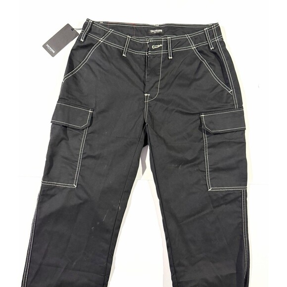 NWT True Religion Men’s Baggy Cargo Pants Jet Black Contrast Stitch Size 30